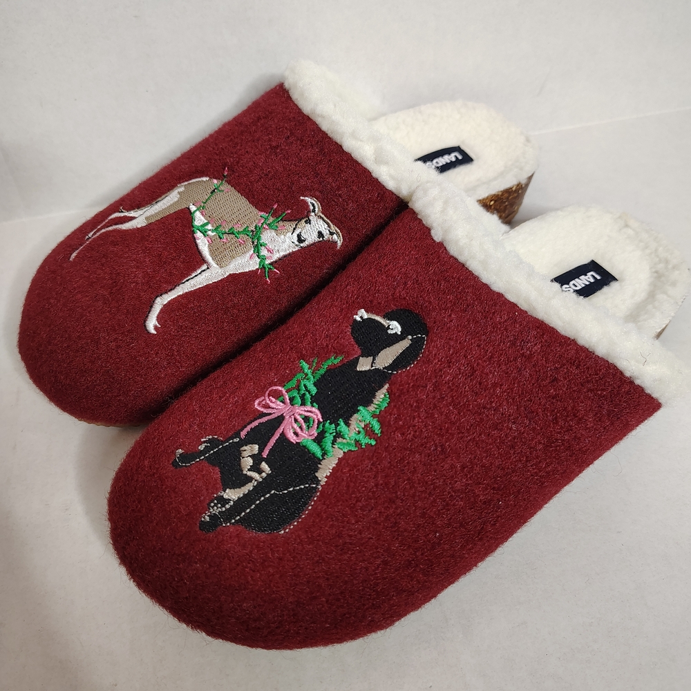 Lands End Sherpa Lined Maroon Clog House Slippers Holiday Dogs Women's 7B New